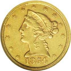 1854-C $5 AU55 NGC. Variety 22-J. This example has a b