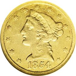 1854-C $5 Weak C XF45 NGC. Variety 22-I. The mintmark