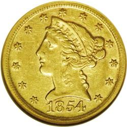 1854-D $5 Large D AU55 NGC. Obverse 30, Reverse new. A