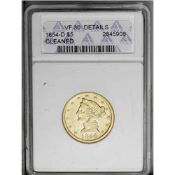 1854-D $5 Medium D--Cleaned--ANACS. VF30 Details. Vari