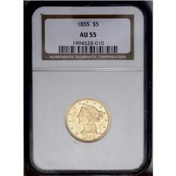 1855 $5 AU55 NGC. Typical strike weakness on this piec