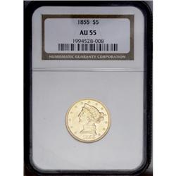 1855 $5 AU55 NGC. The last 5 in the date touches the t