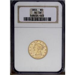 1855 $5 AU58 NGC.From The Steve Glenn Collection.