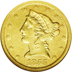 1855-C $5 AU53 NGC. Variety 23-J, the only known dies.