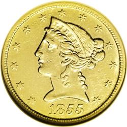 1855-C $5 AU55 NGC. Variety 23-J. Well detailed in vir