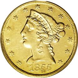 1855-S $5 AU53 PCGS. Usually found in lower grades, th