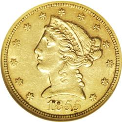1855-S $5 AU55 NGC. The first collectible year of half