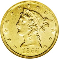 1855-S $5 AU58 NGC. This date is virtually impossible