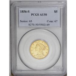 1856-S $5 AU50 PCGS. Large S. A tan-gold No Motto half