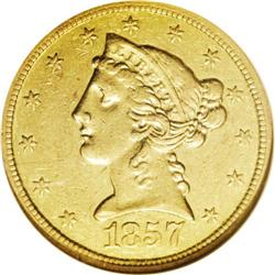 1857-O $5 AU55 NGC. Bright prooflike surfaces show a n