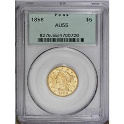 1858 $5 AU55 PCGS. Glowing luster is extensive for the