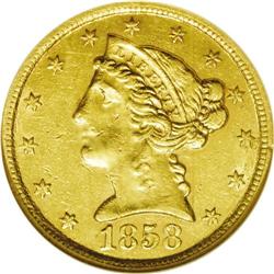 1858-C $5 AU55 NGC. Variety 26-K. This issue is scarce
