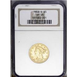 1858-D $5 VF35 NGC. Variety 35-CC. An elusive, late-da