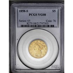1858-S $5 VG8 PCGS.From The Steve Glenn Collection.