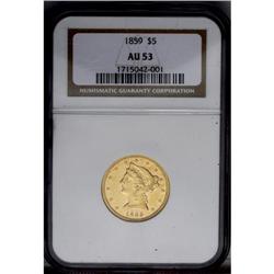 1859 $5 AU53 NGC.From The Steve Glenn Collection.