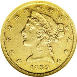 1859-C $5 XF45 NGC. A moderately circulated representa