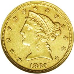 1860-C $5 AU58 NGC. Variety 28-M. Struck from a drasti