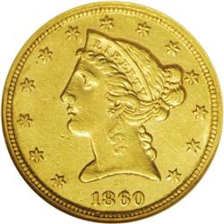 1860-C $5 AU58 NGC. Variety 28-M. Only 14,813 examples