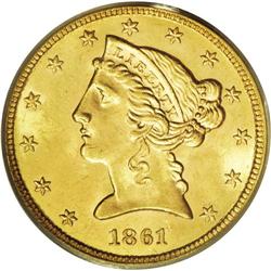 1861 $5 MS64 PCGS. Ebullient luster and appealing surf