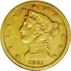 1861-S $5 --Cleaned--ANACS. XF45 Details. Although a fe
