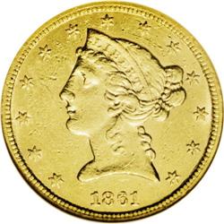 1861-S $5 AU58 NGC. One of the finest known of this el