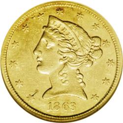 1863-S $5 AU50 NGC. An impressive example of this scar