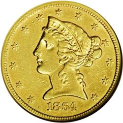 1864 $5 --Cleaned--ANACS. AU53 Details. A glossy and br