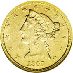 1865-S $5 AU55 NGC. This date is quite difficult to fi