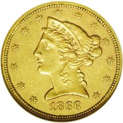 1866 $5 AU53 NGC. Ex: Norweb. The first year of the Wi