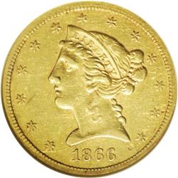 1866-S $5 Motto XF45 NGC. Despite the mintage of 35,00