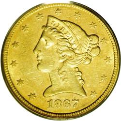 1867 $5 AU53 PCGS. As specie payments remained suspend