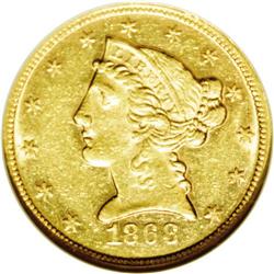 1868 $5 AU58 NGC. A desirable With Motto half eagle in