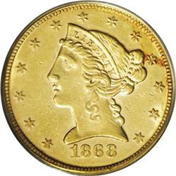 1868 $5 AU58 PCGS. A second near-Mint State example of