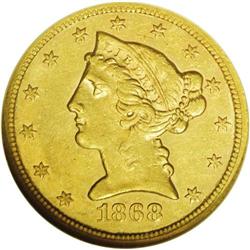 1868-S $5 AU55 NGC. This scarce issue saw immediate ci