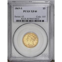 1869-S $5 XF40 PCGS.From The Steve Glenn Collection.