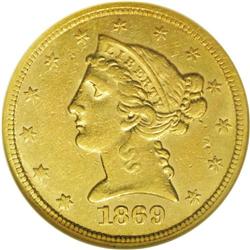 1869-S $5 AU55 NGC. This example of an exceedingly dif