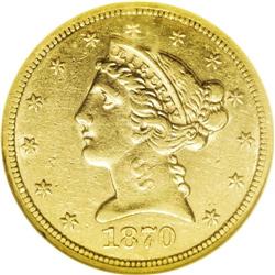 1870-S $5 XF45 NGC. Although gold coins circulated rea
