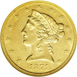 1871 $5 AU58 NGC. A significant near-MInt survivor of