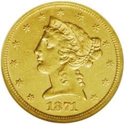 1871-S $5 AU55 NGC. Bright yellow-gold throughout, wit