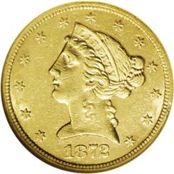 1872-S $5 AU53 NGC. A rarity both in the absolute and