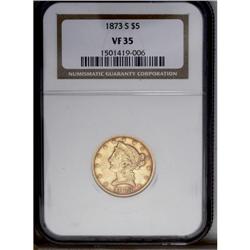 1873-S $5 VF35 NGC. The rims offer surprising glints o