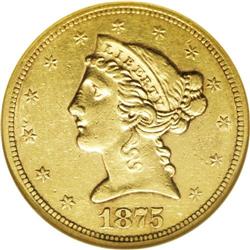 1875-S $5 AU50 NGC. Seldom seen in any grade higher th