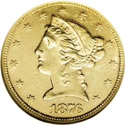 1876 $5 AU58 NGC. Struck with prooflike fields, as usu