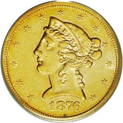 1876-S $5 AU55 PCGS. Rich coppery-gold over luster and