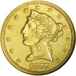 1877-CC $5 AU55 NGC. Variety 1-B. The 1-B pairing is m