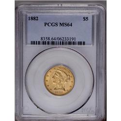 1882 $5 MS64 PCGS. An intricately struck canary-gold n