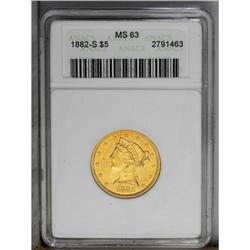 1882-S $5 MS63 ANACS. Bright lemon-gold surfaces are f