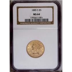 1885-S $5 MS64 NGC. Frosty luster radiates from beneat