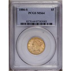 1886-S $5 MS64 PCGS. Well struck with pleasing lime an