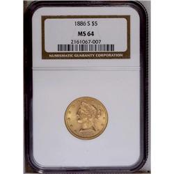 1886-S $5 MS64 NGC. Sharpy defined throughout with glo